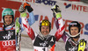 Winner Marcel Hirscher of Austria (M), second placed Felix Neureuther of Germany (L) and third placed Sebastian-Foss Solevaag of Norway (R) celebrate their medals in finish of the second run of the men slalom race of Audi FIS Alpine skiing World cup on Sljeme above Zagreb, Croatia. Men Snow Queen Trophy slalom race of Audi FIS Alpine skiing World cup season 2014-2015, was held on Tuesday, 6th of January 2015 on Sljeme above Zagreb, Croatia.
