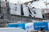 Wind destroyed finish area of the Women Audi FIS Alpine skiing World cup downhill race in Bad Kleinkirchheim, which was canceled due to strong wind gusts. Women Audi FIS Alpine skiing World cup downhill race should be held on the Franz Klammer Course in Bad Kleinkirchheim, Austria on 2015/01/10.
