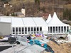 Wind destroyed finish area of the Women Audi FIS Alpine skiing World cup downhill race in Bad Kleinkirchheim, which was canceled due to strong wind gusts. Women Audi FIS Alpine skiing World cup downhill race should be held on the Franz Klammer Course in Bad Kleinkirchheim, Austria on 2015/01/10.
