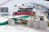 Wind destroyed finish area of the Women Audi FIS Alpine skiing World cup downhill race in Bad Kleinkirchheim, which was canceled due to strong wind gusts. Women Audi FIS Alpine skiing World cup downhill race should be held on the Franz Klammer Course in Bad Kleinkirchheim, Austria on 2015/01/10.
