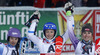 Winner Frida Hansdotter of Sweden (M), second placed Tina Maze of Slovenia (L) and third placed Mikaela Shiffrin of USA (R) celebrate their medals won in the women night slalom race of Audi FIS Alpine skiing World cup Flachau, Austria. Women night slalom race of Audi FIS Alpine skiing World cup season 2014-2015, was held on Tuesday, 13th of January 2015 in Flachau, Austria
