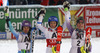 Winner Frida Hansdotter of Sweden (M), second placed Tina Maze of Slovenia (L) and third placed Mikaela Shiffrin of USA (R) celebrate their medals won in the women night slalom race of Audi FIS Alpine skiing World cup Flachau, Austria. Women night slalom race of Audi FIS Alpine skiing World cup season 2014-2015, was held on Tuesday, 13th of January 2015 in Flachau, Austria
