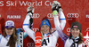 Winner Frida Hansdotter of Sweden (M), second placed Tina Maze of Slovenia (L) and third placed Mikaela Shiffrin of USA (R) celebrate their medals won in the women night slalom race of Audi FIS Alpine skiing World cup Flachau, Austria. Women night slalom race of Audi FIS Alpine skiing World cup season 2014-2015, was held on Tuesday, 13th of January 2015 in Flachau, Austria
