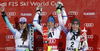 Winner Frida Hansdotter of Sweden (M), second placed Tina Maze of Slovenia (L) and third placed Mikaela Shiffrin of USA (R) celebrate their medals won in the women night slalom race of Audi FIS Alpine skiing World cup Flachau, Austria. Women night slalom race of Audi FIS Alpine skiing World cup season 2014-2015, was held on Tuesday, 13th of January 2015 in Flachau, Austria
