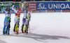 Winner Frida Hansdotter of Sweden (M), second placed Tina Maze of Slovenia (L) and third placed Mikaela Shiffrin of USA (R) celebrate their medals won in the women night slalom race of Audi FIS Alpine skiing World cup Flachau, Austria. Women night slalom race of Audi FIS Alpine skiing World cup season 2014-2015, was held on Tuesday, 13th of January 2015 in Flachau, Austria
