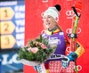 2nd placed Larisa Yurkiw of Canada Celebrate on Podium during the award ceremony for the ladies Downhill of the Cortina FIS Ski Alpine World Cup at the Olympia delle Tofane course in Cortina d Ampezzo, Italy on 2015/01/16.
