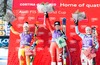 2nd placed Larisa Yurkiw of Canada ( L ) , 1st placed Elena Fanchini of Italy ( C ) , 3rd placed Viktoria Rebensburg of Germany ( R ) Celebrate on Podium during the award ceremony for the ladies Downhill of the Cortina FIS Ski Alpine World Cup at the Olympia delle Tofane course in Cortina d Ampezzo, Italy on 2015/01/16.
