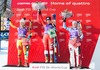 2nd placed Larisa Yurkiw of Canada ( L ) , 1st placed Elena Fanchini of Italy ( C ) , 3rd placed Viktoria Rebensburg of Germany ( R ) Celebrate on Podium during the award ceremony for the ladies Downhill of the Cortina FIS Ski Alpine World Cup at the Olympia delle Tofane course in Cortina d Ampezzo, Italy on 2015/01/16.
