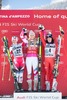 2nd placed Elisabeth Goergl of Austria ( L ), 1st placed Lindsey Vonn of the USA ( C ) and 3rd placed Daniela Merighetti of Italy ( R ) Celebrate on Podium during the award ceremony for the ladies Downhill of the Cortina FIS Ski Alpine World Cup at the Olympia delle Tofane course in Cortina d Ampezzo, Italy on 2015/01/18.
