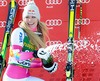 1st placed Lindsey Vonn of the USA Celebrate on Podium during the award ceremony for the ladies SuperG of the Cortina FIS Ski Alpine World Cup at the Olympia delle Tofane course in Cortina d Ampezzo, Italy on 2015/01/19.
