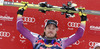 Winner Kjetil Jansrud of Norway celebrate his victory in the men downhill race of Audi FIS Alpine skiing World cup in Kitzbuehel, Austria. Men downhill race of Audi FIS Alpine skiing World cup season 2014-2015, was held on Saturday, 24th of January 2015 on Hahnenkamm course in Kitzbuehel, Austria
