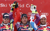 Winner Kjetil Jansrud of Norway (M), second placed Dominik Paris of Italy (L) and third placed Guillermo Fayed of France (R) celebrate their medals won in the men downhill race of Audi FIS Alpine skiing World cup in Kitzbuehel, Austria. Men downhill race of Audi FIS Alpine skiing World cup season 2014-2015, was held on Saturday, 24th of January 2015 on Hahnenkamm course in Kitzbuehel, Austria
