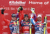 Winner Kjetil Jansrud of Norway (M), second placed Dominik Paris of Italy (L) and third placed Guillermo Fayed of France (R) celebrate their medals won in the men downhill race of Audi FIS Alpine skiing World cup in Kitzbuehel, Austria. Men downhill race of Audi FIS Alpine skiing World cup season 2014-2015, was held on Saturday, 24th of January 2015 on Hahnenkamm course in Kitzbuehel, Austria
