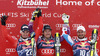 Winner Kjetil Jansrud of Norway (M), second placed Dominik Paris of Italy (L) and third placed Guillermo Fayed of France (R) celebrate their medals won in the men downhill race of Audi FIS Alpine skiing World cup in Kitzbuehel, Austria. Men downhill race of Audi FIS Alpine skiing World cup season 2014-2015, was held on Saturday, 24th of January 2015 on Hahnenkamm course in Kitzbuehel, Austria
