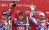 Winner Kjetil Jansrud of Norway (M), second placed Dominik Paris of Italy (L) and third placed Guillermo Fayed of France (R) celebrate their medals won in the men downhill race of Audi FIS Alpine skiing World cup in Kitzbuehel, Austria. Men downhill race of Audi FIS Alpine skiing World cup season 2014-2015, was held on Saturday, 24th of January 2015 on Hahnenkamm course in Kitzbuehel, Austria
