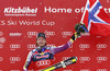 Winner Kjetil Jansrud of Norway celebrate his victory in the men downhill race of Audi FIS Alpine skiing World cup in Kitzbuehel, Austria. Men downhill race of Audi FIS Alpine skiing World cup season 2014-2015, was held on Saturday, 24th of January 2015 on Hahnenkamm course in Kitzbuehel, Austria
