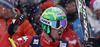 Second placed Dominik Paris of Italy reacts in the finish of the men downhill race of Audi FIS Alpine skiing World cup in Kitzbuehel, Austria. Men downhill race of Audi FIS Alpine skiing World cup season 2014-2015, was held on Saturday, 24th of January 2015 on Hahnenkamm course in Kitzbuehel, Austria
