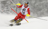 Giuliano Razzoli of Italy skiing in the first run of the men slalom race of Audi FIS Alpine skiing World cup in Kitzbuehel, Austria. Men slalom race of Audi FIS Alpine skiing World cup season 2014-2015, was held on Sunday, 25th of January 2015 on Ganslern course in Kitzbuehel, Austria
