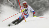 Reto Schmidiger of Switzerland skiing in the first run of the men slalom race of Audi FIS Alpine skiing World cup in Kitzbuehel, Austria. Men slalom race of Audi FIS Alpine skiing World cup season 2014-2015, was held on Sunday, 25th of January 2015 on Ganslern course in Kitzbuehel, Austria
