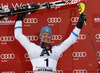 Winner Mattias Hargin of Sweden celebrates his medal won in the men slalom race of Audi FIS Alpine skiing World cup in Kitzbuehel, Austria. Men slalom race of Audi FIS Alpine skiing World cup season 2014-2015, was held on Sunday, 25th of January 2015 on Ganslern course in Kitzbuehel, Austria
