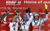 Winner Mattias Hargin of Sweden (M), second placed Marcel Hirscher of Austria (L) and third placed Felix Neureuther of Germany (R) celebrate their medals won in the men slalom race of Audi FIS Alpine skiing World cup in Kitzbuehel, Austria. Men slalom race of Audi FIS Alpine skiing World cup season 2014-2015, was held on Sunday, 25th of January 2015 on Ganslern course in Kitzbuehel, Austria
