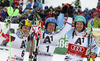 Winner Mattias Hargin of Sweden (M), second placed Marcel Hirscher of Austria (L) and third placed Felix Neureuther of Germany (R) celebrate in finish of the second run of the men slalom race of Audi FIS Alpine skiing World cup in Kitzbuehel, Austria. Men slalom race of Audi FIS Alpine skiing World cup season 2014-2015, was held on Sunday, 25th of January 2015 on Ganslern course in Kitzbuehel, Austria
