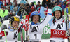 Winner Mattias Hargin of Sweden (M), second placed Marcel Hirscher of Austria (L) and third placed Felix Neureuther of Germany (R) celebrate in finish of the second run of the men slalom race of Audi FIS Alpine skiing World cup in Kitzbuehel, Austria. Men slalom race of Audi FIS Alpine skiing World cup season 2014-2015, was held on Sunday, 25th of January 2015 on Ganslern course in Kitzbuehel, Austria
