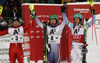 Winner Alexander Khoroshilov of Russia (middle), second placed Stefano Gross of Italy (left) and third placed Felix Neureuther of Germany (right) in the finish of the second run of the Men Slalom race of Audi FIS Alpine skiing World cup in Schladming, Austria. Men Slalom race of Audi FIS Alpine skiing World cup 2014-2015 was held on Tuesday, 27th of January 2015 on Planai course in Schladming, Austria.
