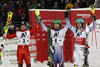 Winner Alexander Khoroshilov of Russia (middle), second placed Stefano Gross of Italy (left) and third placed Felix Neureuther of Germany (right) in the finish of the second run of the Men Slalom race of Audi FIS Alpine skiing World cup in Schladming, Austria. Men Slalom race of Audi FIS Alpine skiing World cup 2014-2015 was held on Tuesday, 27th of January 2015 on Planai course in Schladming, Austria.

