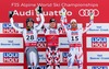 Second placed Dustin Cook of Canada ( L ), first placed Hannes Reichelt of Austria ( C ), third placed Adrien Theaux of France ( R ) celebrates on podium during the winner presentation after the men Super-G of FIS Ski World Championships 2015 at the Birds of Prey Course in Beaver Creek, United States on 2015/02/05.
