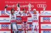 Second placed Dustin Cook of Canada ( L ), first placed Hannes Reichelt of Austria ( C ), third placed Adrien Theaux of France ( R ) celebrates on podium during the winner presentation after the men Super-G of FIS Ski World Championships 2015 at the Birds of Prey Course in Beaver Creek, United States on 2015/02/05.
