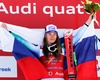 First placed Tina Maze of Slovenia celebrates on podium during the winner presentation after the adies Downhill of FIS Ski World Championships 2015 at the Raptor Course in Beaver Creek, United States on 2015/02/06.

