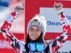 Second placed Anna Fenninger of Austria celebrates on podium during the winner presentation after the adies Downhill of FIS Ski World Championships 2015 at the Raptor Course in Beaver Creek, United States on 2015/02/06.

