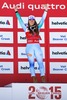 First placed Tina Maze of Slovenia celebrates on podium during the winner presentation after the adies Downhill of FIS Ski World Championships 2015 at the Raptor Course in Beaver Creek, United States on 2015/02/06.
