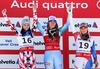 Second placed Anna Fenninger of Austria ( L ) first placed Tina Maze of Slovenia ( C ) third placed Lara Gut of Switzerland ( R ) celebrates on podium during the winner presentation after the adies Downhill of FIS Ski World Championships 2015 at the Raptor Course in Beaver Creek, United States on 2015/02/06.
