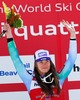 First placed Tina Maze of Slovenia celebrates on podium during the winner presentation after the adies Downhill of FIS Ski World Championships 2015 at the Raptor Course in Beaver Creek, United States on 2015/02/06.
