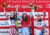 Second placed Anna Fenninger of Austria ( L ) first placed Tina Maze of Slovenia ( C ) third placed Lara Gut of Switzerland ( R ) celebrates on podium during the winner presentation after the adies Downhill of FIS Ski World Championships 2015 at the Raptor Course in Beaver Creek, United States on 2015/02/06.
