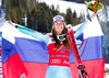 First placed Tina Maze of Slovenia celebrates on podium during the winner presentation after the adies Downhill of FIS Ski World Championships 2015 at the Raptor Course in Beaver Creek, United States on 2015/02/06.
