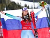 First placed Tina Maze of Slovenia celebrates on podium during the winner presentation after the adies Downhill of FIS Ski World Championships 2015 at the Raptor Course in Beaver Creek, United States on 2015/02/06.
