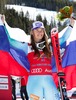 First placed Tina Maze of Slovenia celebrates on podium during the winner presentation after the adies Downhill of FIS Ski World Championships 2015 at the Raptor Course in Beaver Creek, United States on 2015/02/06.
