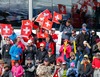 Supporters of Switzerland celebrates on podium during the winner presentation after the mens Downhill of FIS Ski World Championships 2015 at the Birds of Prey Course in Beaver Creek, United States on 2015/02/07.
