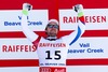 Third placed Beat Feuz of Switzerland celebrates on podium during the winner presentation after the mens Downhill of FIS Ski World Championships 2015 at the Birds of Prey Course in Beaver Creek, United States on 2015/02/07.
