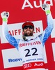 Second placed Travis Ganong of the USA celebrates on podium during the winner presentation after the mens Downhill of FIS Ski World Championships 2015 at the Birds of Prey Course in Beaver Creek, United States on 2015/02/07.
