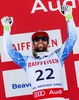 Second placed Travis Ganong of the USA celebrates on podium during the winner presentation after the mens Downhill of FIS Ski World Championships 2015 at the Birds of Prey Course in Beaver Creek, United States on 2015/02/07.
