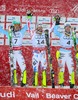 3rd placed Felix Neureuther of Germany, 1st placed Jean-Baptiste Grange of France and 2nd placed Fritz Dopfer of Germany during the award winner presentation after men Slalom of FIS Ski World Championships 2015 at the Birds of Prey in Beaver Creek, United States on 2015/02/15.
