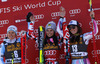 Winner Anna Fenninger of Austria (M), second placed Viktoria Rebensburg of Germany (L) and third placed Tina Weirather of Liechtenstein (R) celebrate their medals won in the women giant slalom race for 51st Golden Fox trophy of Audi FIS Alpine skiing World cup in Maribor, Slovenia. Women giant slalom race for 51st Golden Fox trophy of Audi FIS Alpine skiing World cup season 2014-2015, was held on Saturday, 21st of February 2015 in Maribor, Slovenia.
