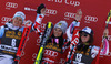 Winner Anna Fenninger of Austria (M), second placed Viktoria Rebensburg of Germany (L) and third placed Tina Weirather of Liechtenstein (R) celebrate their medals won in the women giant slalom race for 51st Golden Fox trophy of Audi FIS Alpine skiing World cup in Maribor, Slovenia. Women giant slalom race for 51st Golden Fox trophy of Audi FIS Alpine skiing World cup season 2014-2015, was held on Saturday, 21st of February 2015 in Maribor, Slovenia.
