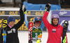 Winner Mikaela Shiffrin of USA (M), second placed Veronika Velez Zuzulova of Slovakia (L) and third placed Sarka Strachova of Czech (R) celebrate their medals won in the women slalom race for 51st Golden Fox trophy of Audi FIS Alpine skiing World cup in Maribor, Slovenia. Women slalom race for 51st Golden Fox trophy of Audi FIS Alpine skiing World cup season 2014-2015, was held on Sunday, 22nd of February 2015 in Maribor, Slovenia.
