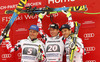 Winner Hannes Reichelt of Austria (M),secon placed Romed Baumann of Austria (L) and third placed Matthias Mayer of Austria (R) celebrate their medals won in the men downhill race of Audi FIS Alpine skiing World cup in Garmisch-Partenkirchen, Germany. Men downhill race of Audi FIS Alpine skiing World cup season 2014-2015, was held on Saturday, 28th of February 2015 in Garmisch-Partenkirchen, Germany.
