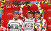 Winner Hannes Reichelt of Austria (M),secon placed Romed Baumann of Austria (L) and third placed Matthias Mayer of Austria (R) celebrate their medals won in the men downhill race of Audi FIS Alpine skiing World cup in Garmisch-Partenkirchen, Germany. Men downhill race of Audi FIS Alpine skiing World cup season 2014-2015, was held on Saturday, 28th of February 2015 in Garmisch-Partenkirchen, Germany.
